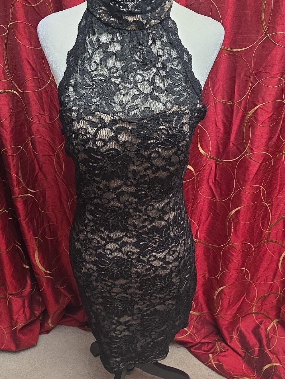 a'gaci Black Lace Halter Dress with Floral Mesh